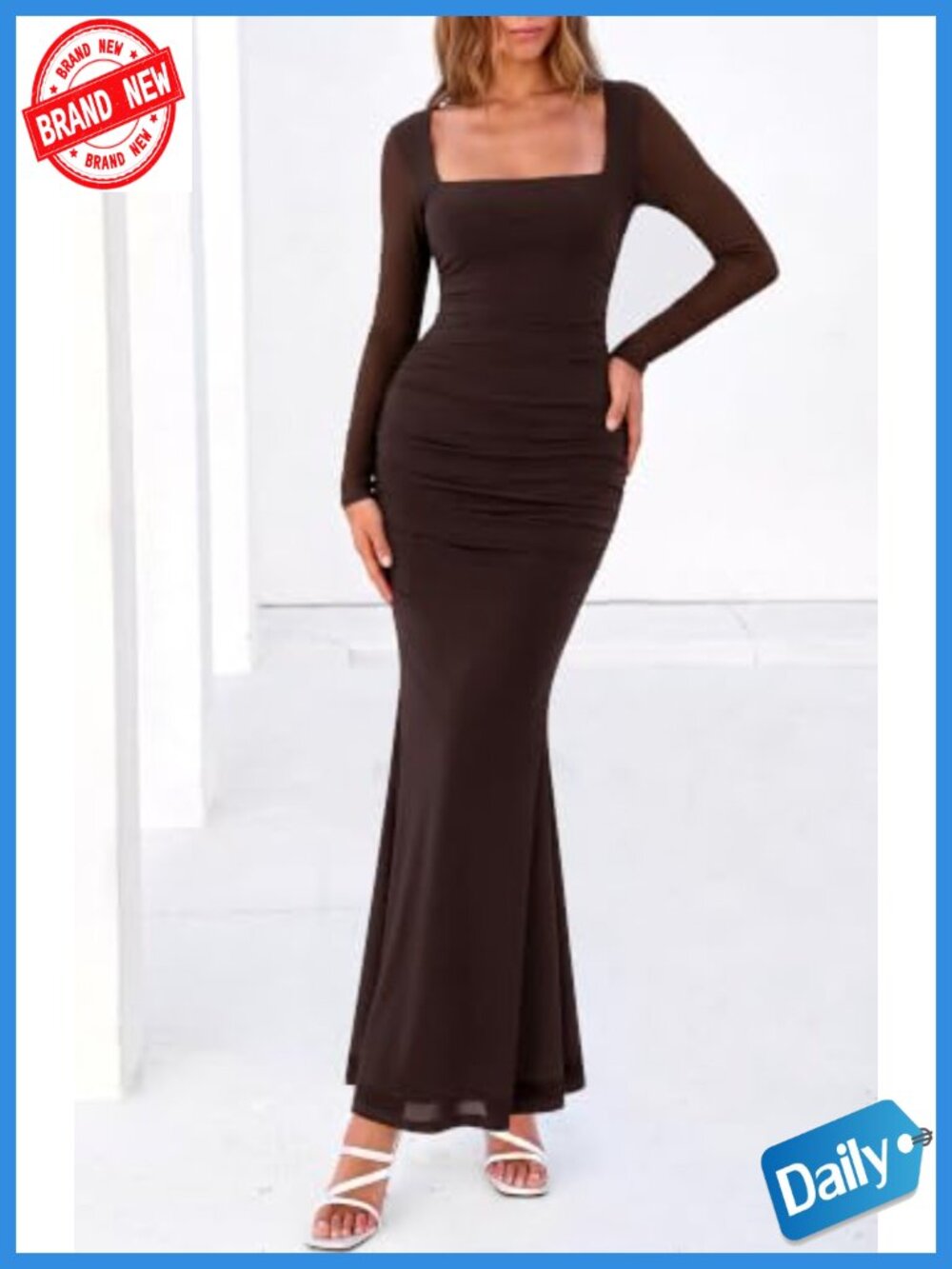 Long Sleeve Ruched Bodycon Maxi Dress Square Neck Women's Cocktail Party - Picture 2 of 6